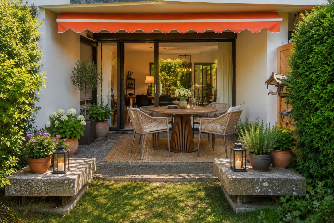 Ansicht Terrasse Wohnzimmer (Möblierungs Beispiel)